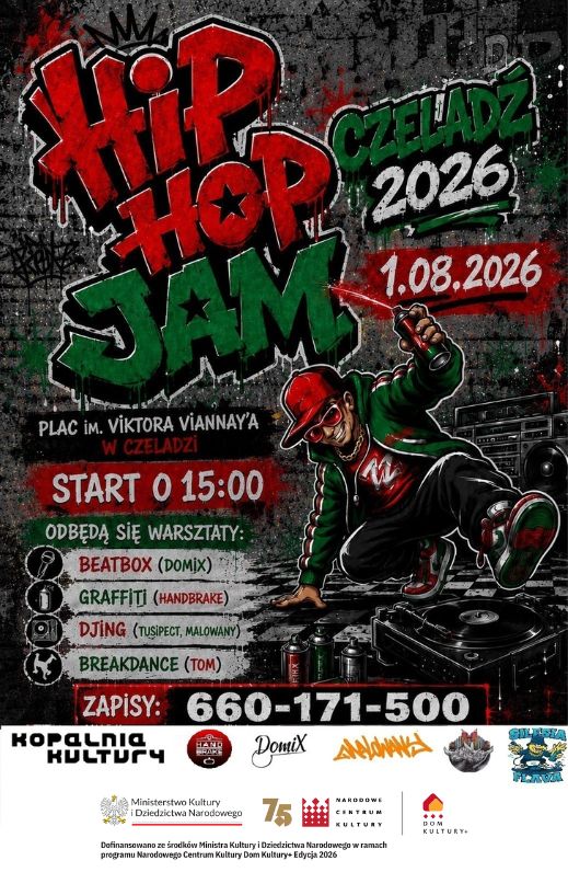 Ciemny czerwono zielony plakat z człowiekiem wykonującym breakdance i graffiti informujący o hip hop jam czeladź